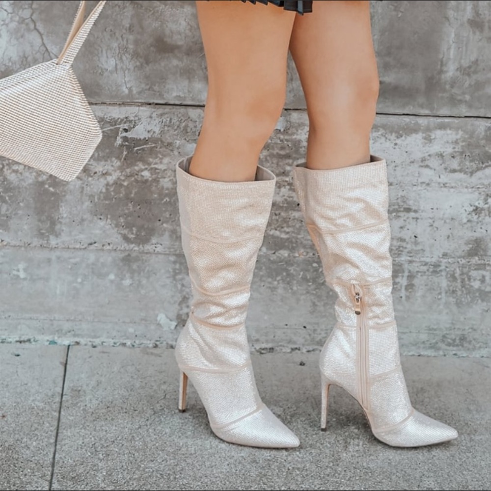Lulus Kandee Nude Rhinestone Pointed Toe Knee High Boots Size 7